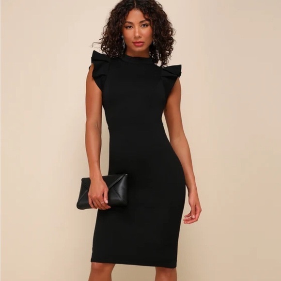 Lulus Stylish Splendor Ruffle Open Back BodyCon Black Midi Dress Size Small NWT - Picture 2 of 7